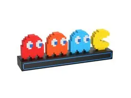 Pixelated Pacman and ghosts 3D render, optimized for Blender, vibrant iconic video game design.