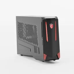 Realistic 3D Blender model of a compact, high-performance gaming PC with red accents.
