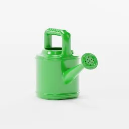 Realistic 3D-rendered green plastic watering can model, designed using Blender software.