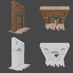 Detailed textured and wireframe views of an antique-style arched gate 3D model designed for Blender.