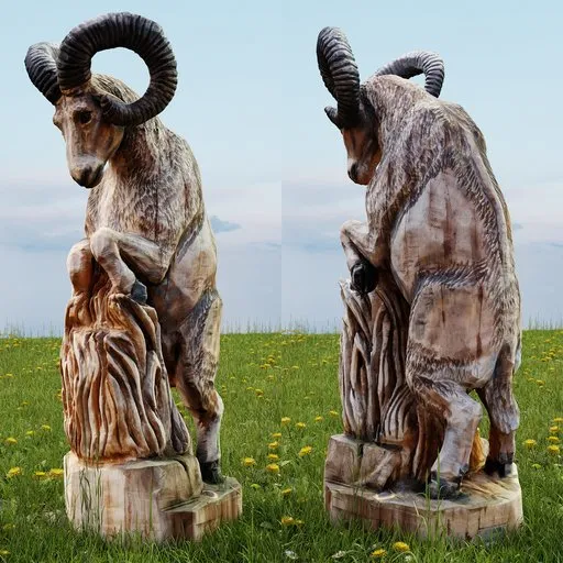 Intricate 3D Mouflon woodcarving, high & optimized meshes, created in Blender, showcasing detailed textures and realistic geometry.