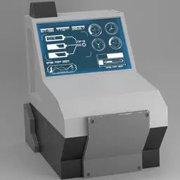 Detailed Blender 3D sci-fi console model with interactive screen and futuristic interface design.