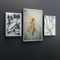 Three abstract art gallery 3D model prints for wall decoration in Blender format.