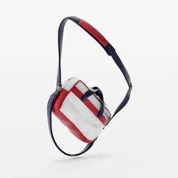 "A fully rigged backpack with red, white, and blue design, inspired by Carol Bove and in the style of Alasdair McLellan. This 3D model, created in Blender 3D, features a handle, reflective visor, and is compatible with any scene. Perfect for clothing accessories enthusiasts and Blender 3D users."
