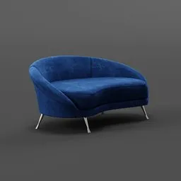 3D model of a curved blue velvet sofa with modern design, suitable for Blender rendering.