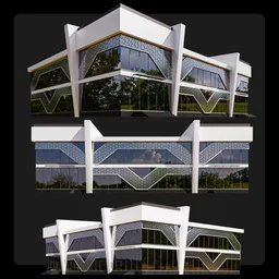 Detailed Blender 3D render of a modern office building with glass facade and artistic framework designed for natural lighting.