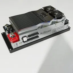 Realistic 3D model of a high-power electric motor controller for EVs, detailed with ports and cooling fins.