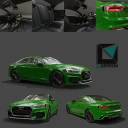 Detailed 3D model of Audi RS5 with interior, high-resolution textures, VR/game-ready in Blender.