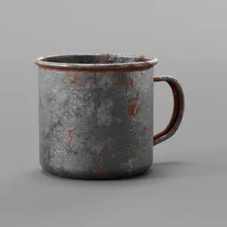 Realistic rusted metal mug 3D model with textured surface, ideal for Blender renderings and tableware simulations.