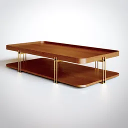 "Wood and steel coffee table for Blender 3D modeling featuring a sleek design with a shelf, glass and metal details. Created by Sier, this midcentury modern piece is perfect for cinematic renderings and includes golden elements. Excellent topology suitable for medium details. Trireme and Maxwell Render compatible."