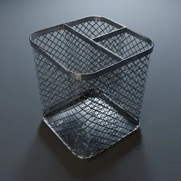 Realistic mesh wire pencil holder 3D model, perfect for office scenes, created for Blender software use.