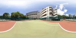 360-degree HDR panorama of an outdoor tennis court with clear skies and surrounding buildings, 4K texture lighting resource.