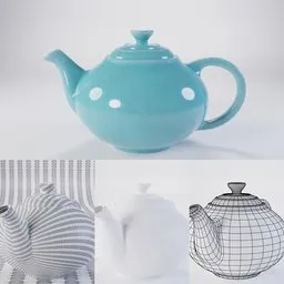 Detailed 3D teapot model showcasing texture and mesh, ideal for Blender rendering and 3D kitchen design visualizations.