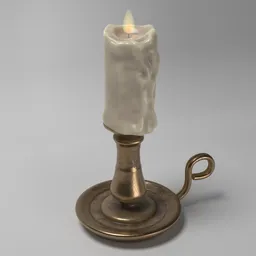 Detailed 3D rendering of a vintage brass candle holder with a melting candle, designed for use in Blender.