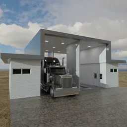 "3D model of a truck services scene inspired by gas station photography and blacksmith product design. This Blender 3D model showcases a large truck parked in front of a building, along with realistic details of a bathroom interior. Perfect for adding a touch of realism to your Blender projects in the agriculture category."