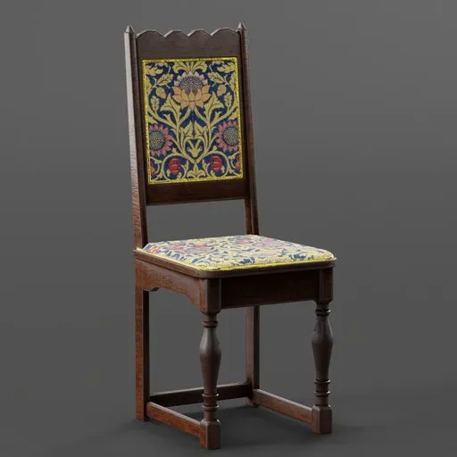 Detailed Blender 3D model of a wooden chair with ornate floral upholstery, suitable for vintage and historical interior renderings.