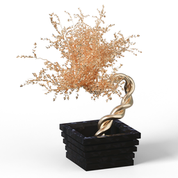 "Procedural decorative tree in a black vase, crafted with geometry nodes in Blender 3D. Inspired by artists Wolfgang Zelmer and Yuko Tatsushima, featuring golden miniatures and dried vines. Adjust parameters in the geo nodes modifier and apply a Decimate Geometry modifier to conserve resources."