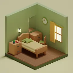 Lowpoly 3D isometric bedroom model with vintage aesthetics suitable for Blender rendering.
