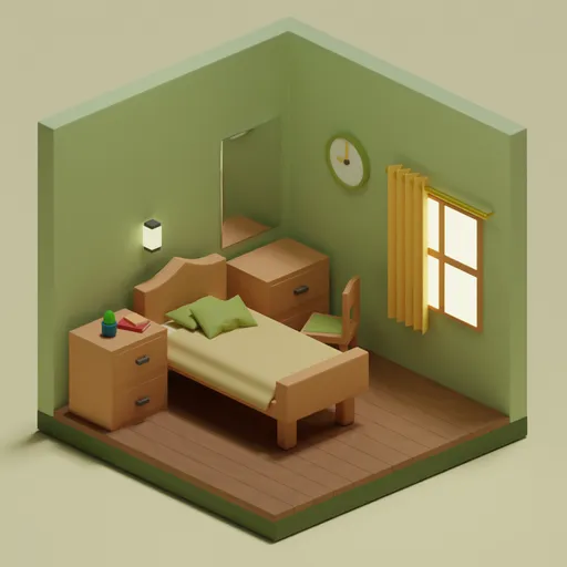 Lowpoly 3D isometric bedroom model with vintage aesthetics suitable for Blender rendering.