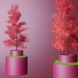 Detailed Blender 3D model featuring a potted tree with lush red foliage and a contrasting green grass base.