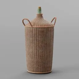 "Medieval-style wicker bottles for Blender 3D: Container-industrial 3D model featuring a wicker basket with a green lid and handles, inspired by Kanō Motonobu. Ideal for decorating your medieval scenes with high-quality texture rendering. Perfect for creating immersive environments in Blender 3D."