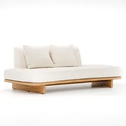 High-quality 3D rendering of a modern eucalyptus-based lounge sofa with UV-resistant upholstery for outdoor use.