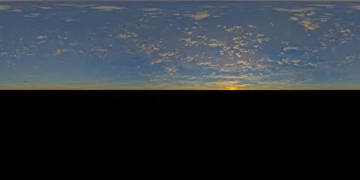 Dawn sky HDR with scattering clouds above horizon, 10k resolution for realistic lighting.