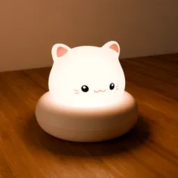 3D Blender model of a cute kitty shaped night lamp illuminated with warm light on wooden surface.