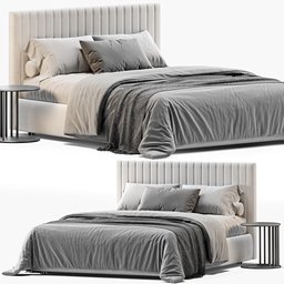 "Bed CLAY MAISON By Bolzan Letti 3D model rendered in cycles, featuring a symmetrical full-body view with shades of grey and volumetric fur. The expensive Roman design includes a headboard and nightstand, with dimensions of 176 x 224 x 113 H in centimeters. With 451,181 polygons and unwarp capability, this blender format model ensures high-quality rendering."