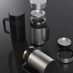 "Get realistic 3D models of a thermos and thermo mug with intricate embossing on metal and plastic. Made in 2019 and designed with inspiration from Guan Daosheng, Huang Ding, and Luo Mu, this coffee set is perfect for your next 3D project. Trending in CGsociety, this American canteen-inspired design features a top lid and aluminum construction."