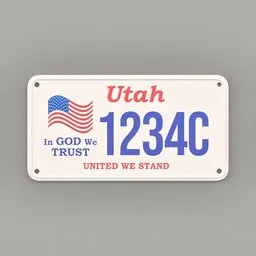 "3D model of a USA car registration plate for Blender 3D featuring the US flag and Utah city name. Created with official artwork and simplified forms by Whitney Sherman in 2013, this plate includes the patriotic slogan "In God We Trust". Perfect for adding realism to vehicle designs."