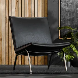 Black leather lounge chair 3D model with sleek metal legs, designed in Blender for photorealistic rendering.