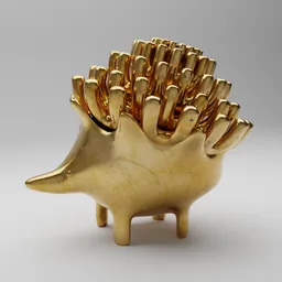 "3D model of a minimalist porcupine sculpture in gold metal, created with Blender 3D software. The sculpture features intricate gold spikes inspired by Rebecca Horn's hedghog designs and radiosity rendering for a stunning golden fire palette. Perfect for adding a modern touch to any 3D artwork or project."