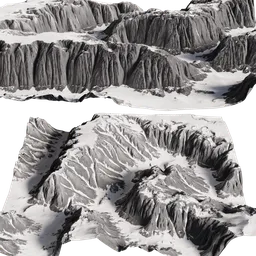 High-resolution 3D snow-capped mountain terrain model for Blender with detailed textures.