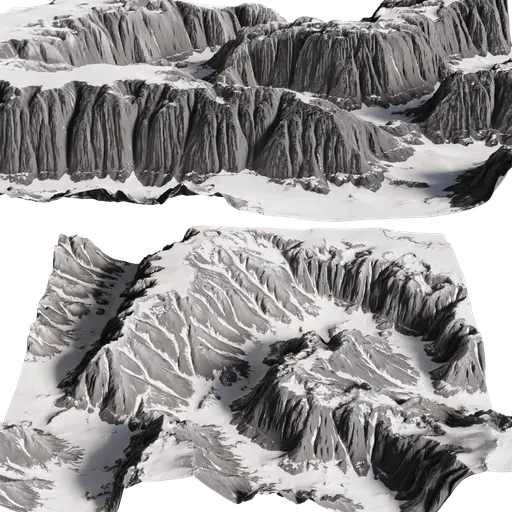 High-resolution 3D snow-capped mountain terrain model for Blender with detailed textures.
