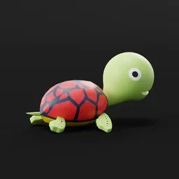 "Low poly Turtle 3D model for Blender 3D - A vibrant and playful toy turtle named Greeny, painted in Zbrush and suitable for creating stunning animal and reptile animations. Enjoy the colorful plastic design and the rounded beak of this joytoy in your creative projects. Perfect for game screenshots and toon shading effects."