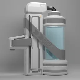 "Scifi Generator Glass Incubator: A futuristic medical equipment depicted alongside a water bottle, featuring a concept art of a hard surface design and elements inspired by Daarken's Argo, Overwatch, digital medical equipment, Marvel Comics, avatar imagery, tattoo designs, a containment pod, and CAD by Marten Post. A visually striking 3D model for Blender 3D showcasing advanced technological concepts in the field of medicine."