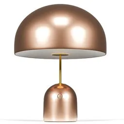 "3D model of a Bell table light with copper and brass finish, designed by Mooniq Priem and Malika Favre in Blender 3D software. The futuristic dome-shaped lamp with superpop ultrabright lighting is perfect for modern interiors."