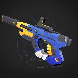 "Explore the stylish SCI-FI Gun 3D model in the military-sci-fi category, hand-painted and optimized for Blender 3D software. Featuring an angular, asymmetrical design inspired by Aquirax Uno and a vibrant blue and yellow color scheme with a yellow handle, this ultrawide cinematic render is perfect for e-sport enthusiasts and sci-fi fans alike."