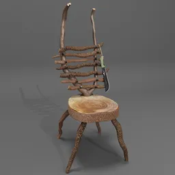 Rustic 3D survival chair model with knife, designed in Blender for outdoor shelters, featuring wood textures and nailed parts.