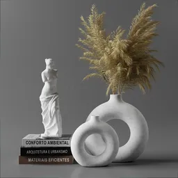 "Scandinavian donut vase with pampa grass and sculpture on books set - 3D model for Blender 3D. Features an ambient occlusion render, lianas, white grey color palette with color displacement and object details."