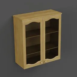 Detailed 3D model of a wooden kitchen cabinet with glass doors for Blender rendering and storage visualization.