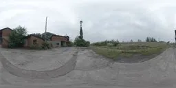 Panoramic HDR image featuring an atmospheric dilapidated train station with overcast sky, ideal for realistic lighting in 3D scenes.
