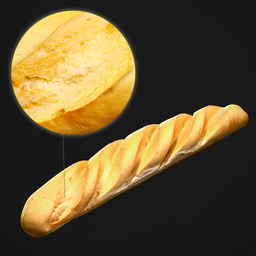 "Get a realistic French baguette 3D model with optimized geometry and high-resolution 8k textures for Blender 3D. Perfect for game development, with a slice taken out and global illumination, this model is sure to enhance any food category project."