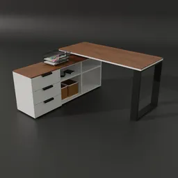 "Modern and minimalist Corner Desk with bookshelf and file cabinet in dark sienna and white color scheme, rendered in 3D with Blender 3D software. Includes various props. Perfect for office table and furniture designs."