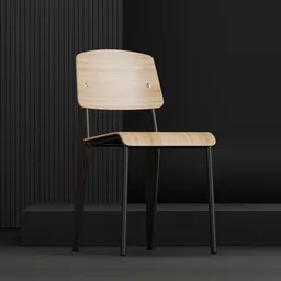 3D model of an oak and steel chair with a clean, iconic design, rendered in Blender, showcasing modern furniture.