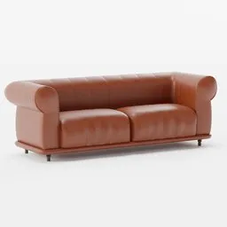 Realistic 3D model of a plush brown leather sofa with elegant wooden legs, suitable for Blender renderings.