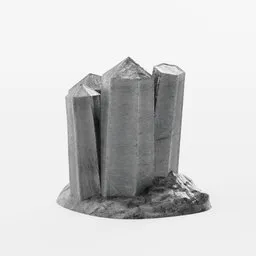 "Black stone outcrop model with sparkling crystals, created in Blender 3D. Monochrome die-cast metal design inspired by Ernő Grünbaum, reminiscent of a wizard tower from Pokemon. Ideal for landscape scenes and 3D design projects. "