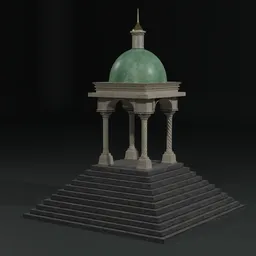 "Experience the grandeur of ancient Rome with 'The Historical Roman Temple', a stunning 3D model made using Blender 3D software. Admire the intricate marble details, green dome roof and tiled fountains in this post-apocalyptic temple, perfect for artists and history enthusiasts alike."
