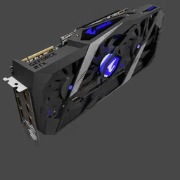 Detailed 3D model of a Gigabyte Aorus RTX 2080 graphics card with animated fans and RGB lighting.